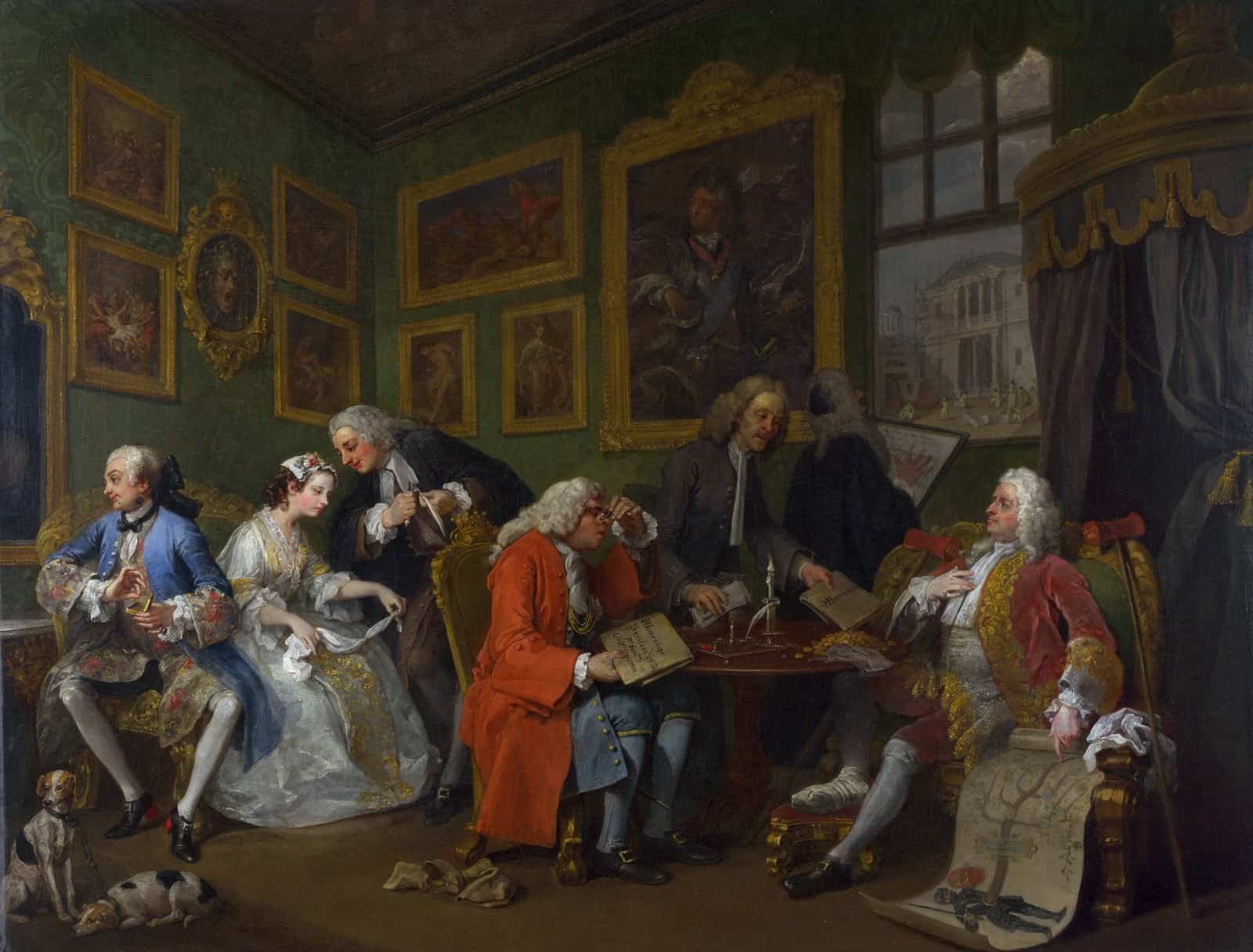 William Hogarth's The Marriage Settlement, painted around 1743, satirizes an arranged marriage negotiated for money and rank.