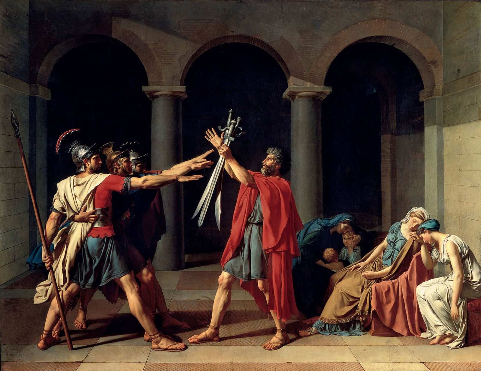 Jacques-Louis David's The Oath of the Horatii was completed in Rome in 1785 and exhibited at the Paris Salon that year.