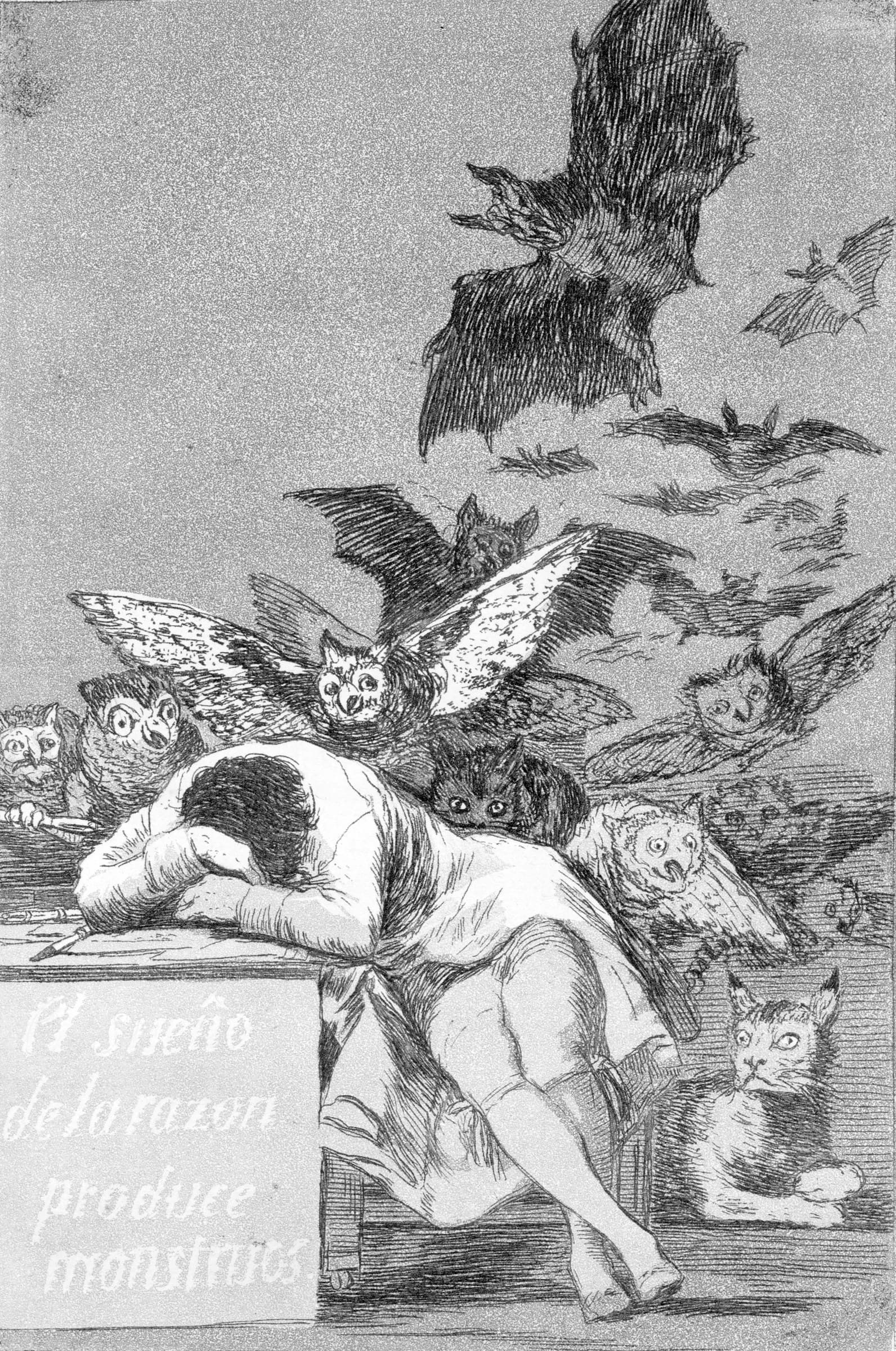 Francisco Goya's 1799 print The Sleep of Reason Produces Monsters is plate 43 of the 80-work Los Caprichos series.