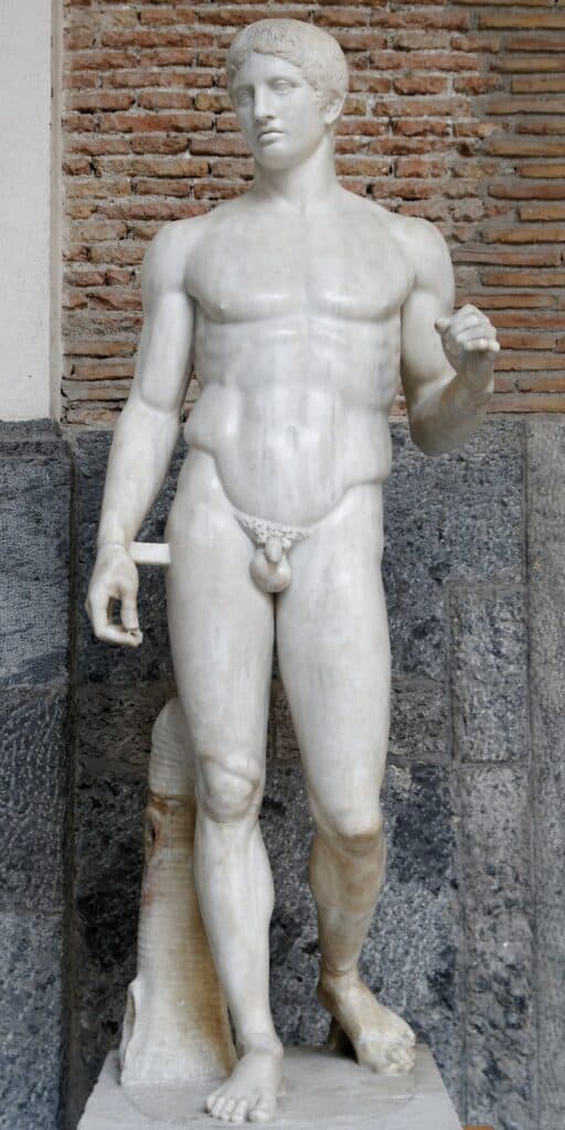The Doryphoros from Pompeii, a Roman marble copy after Polykleitos, now in Naples.