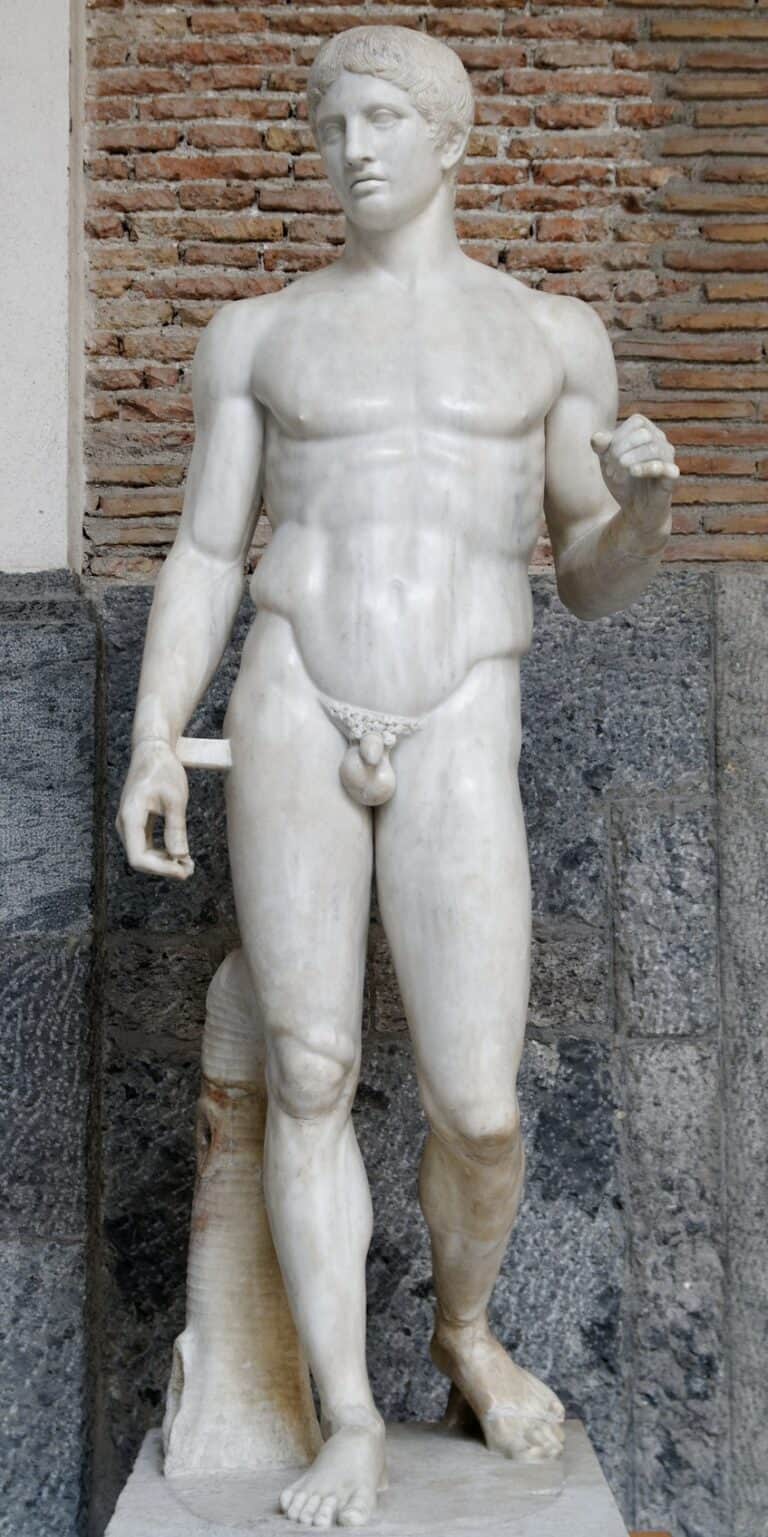 The Doryphoros from Pompeii, a Roman marble copy after Polykleitos, now in Naples.