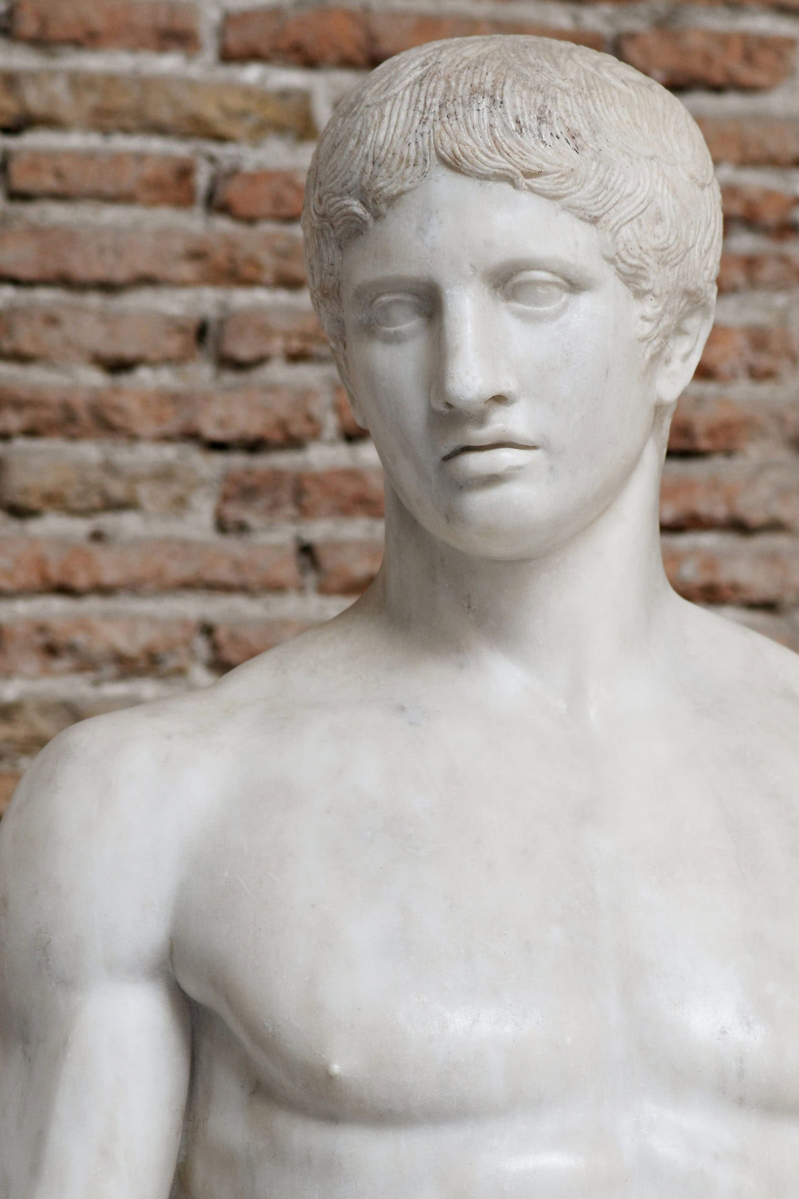 The calm, slightly turned head of the Naples Doryphoros.
