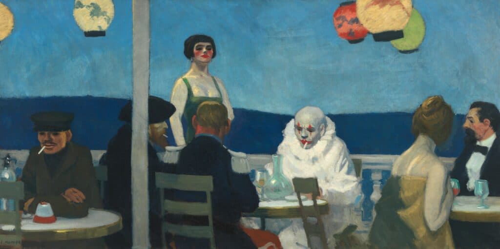 Edward Hopper’s Soir Bleu (1914), a wide Paris café scene centered on a white-clad Pierrot.