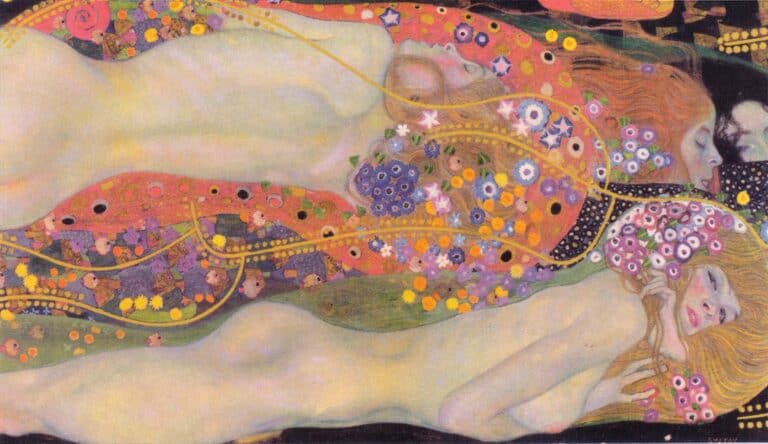 Gustav Klimt's Water Serpents II, with four female figures drifting through a horizontal field of hair, flowers, fish, and curling ornament.