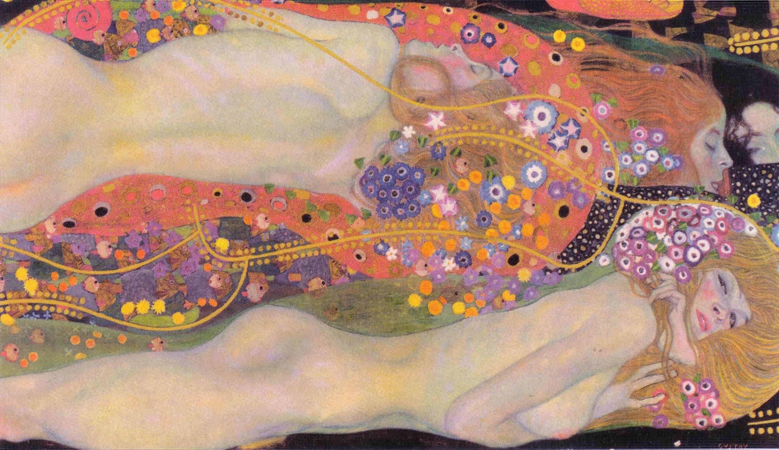 Gustav Klimt's Water Serpents II, with four female figures drifting through a horizontal field of hair, flowers, fish, and curling ornament.
