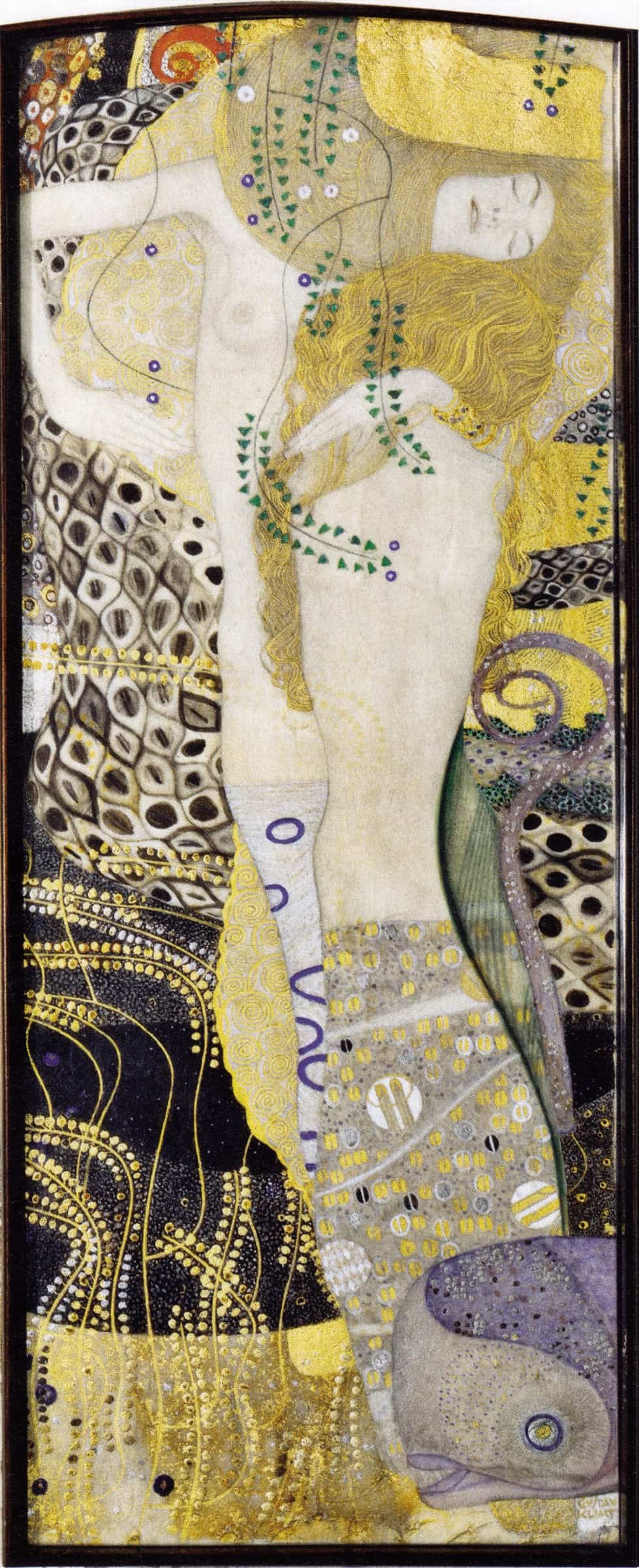Water Serpents I, Klimt's smaller vertical mixed-media companion on parchment.