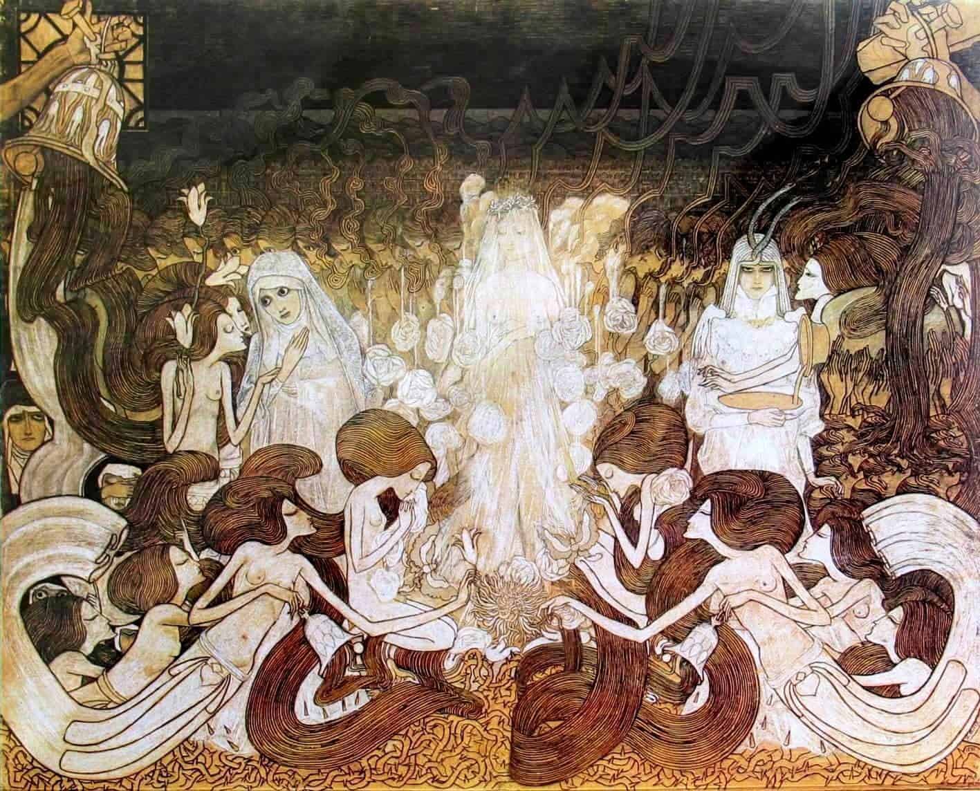 Jan Toorop's The Three Brides from 1893, whose undulating lines have been connected to Water Serpents II.