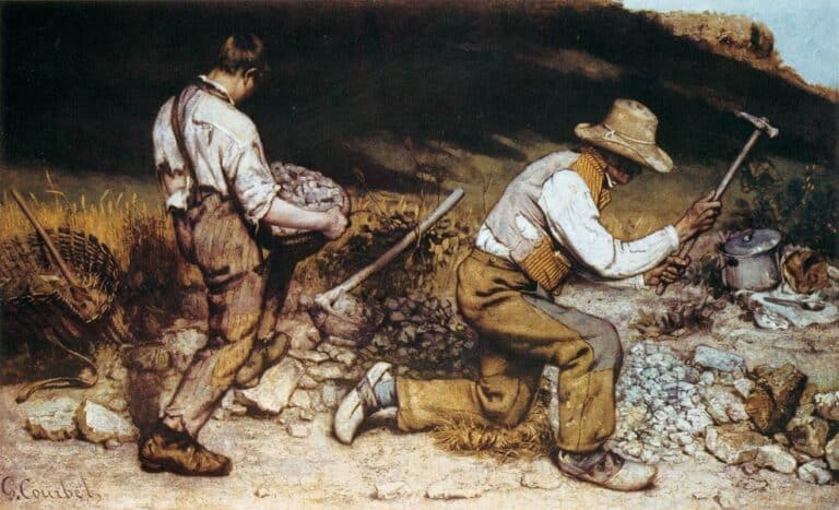 Gustave Courbet’s The Stone Breakers shows an older kneeling road worker and a younger standing worker carrying stone beside a steep roadside bank.